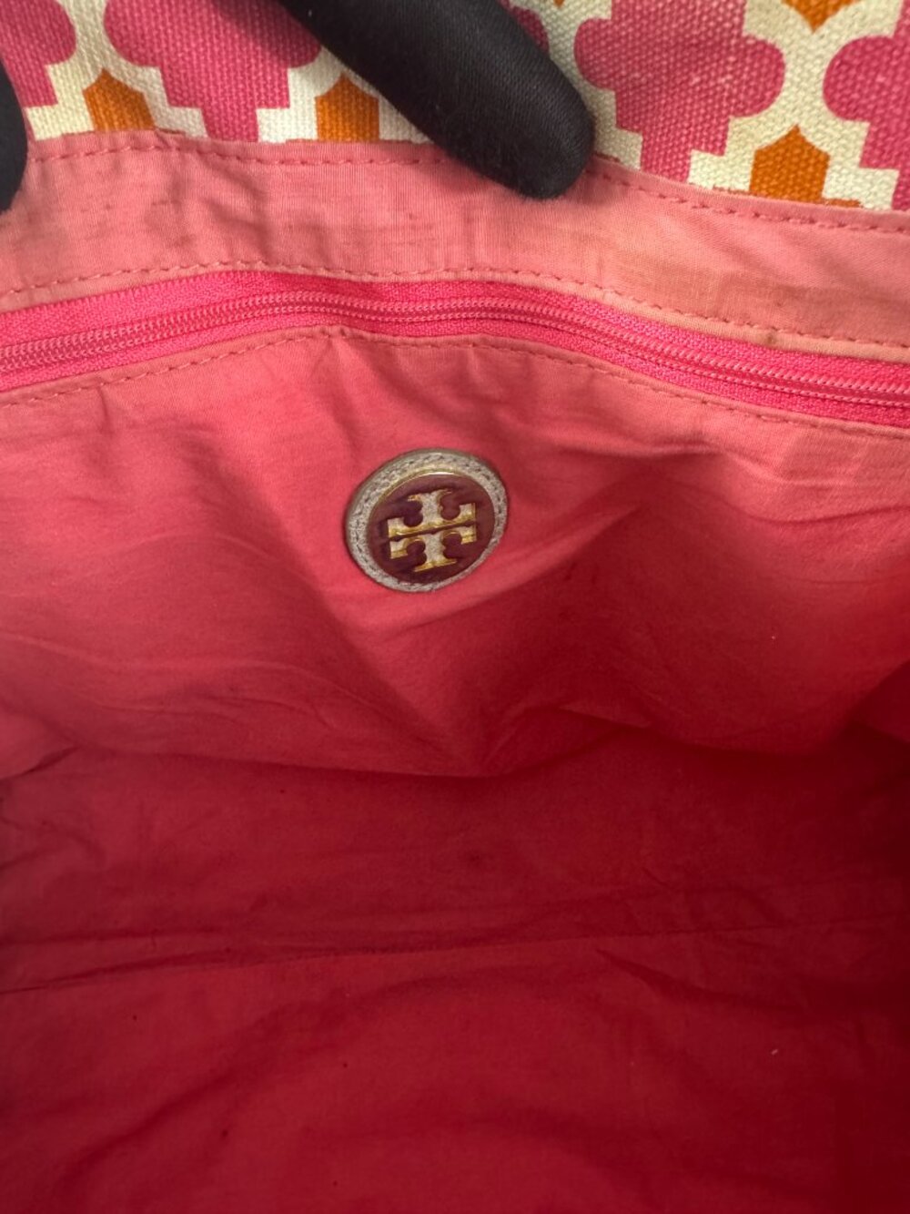 Tory Burch Orange/Pink Canvas w/Silver-tone Distressed Leather Large Tote Bag - Picture 11 of 15